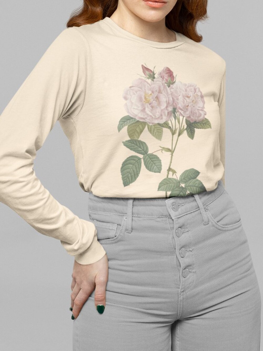 Rose Vintage Floral Print Long Sleeve Graphic Tee T-shirt S-XXL